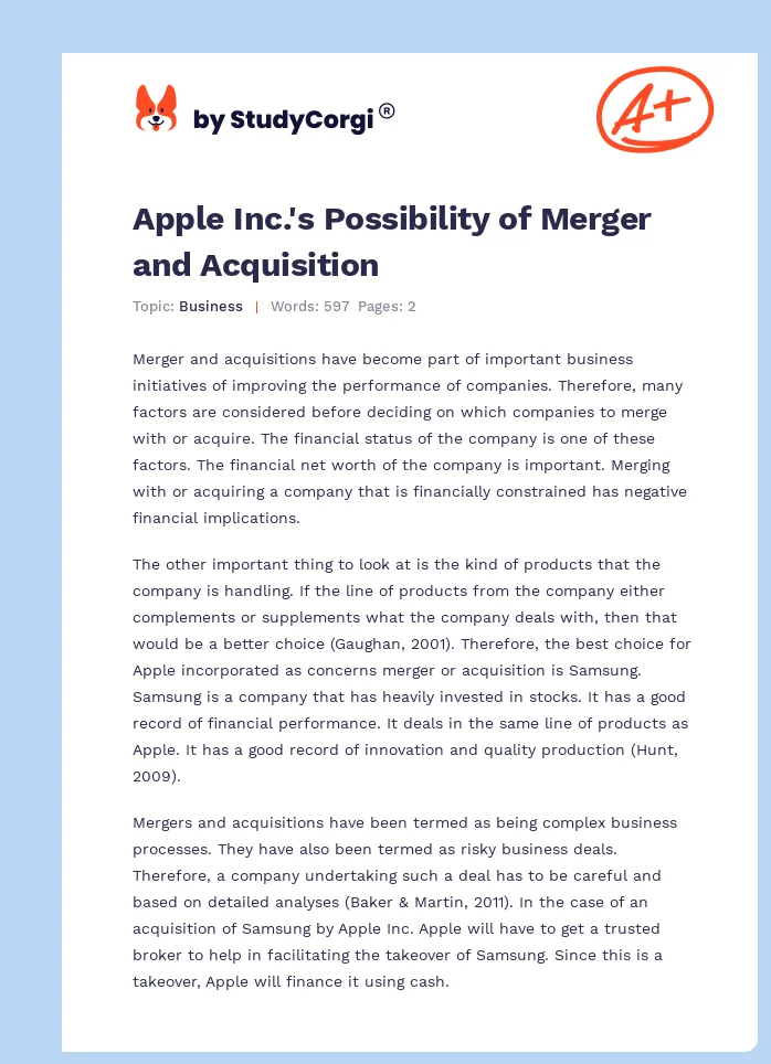 Apple Inc.'s Possibility of Merger and Acquisition. Page 1