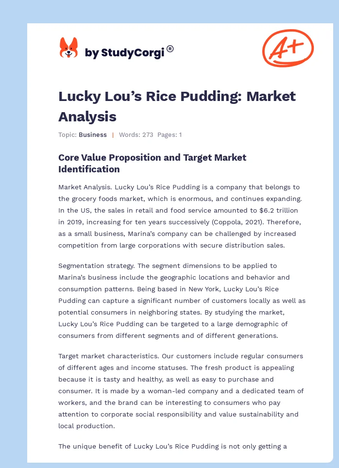 Lucky Lou’s Rice Pudding: Market Analysis. Page 1