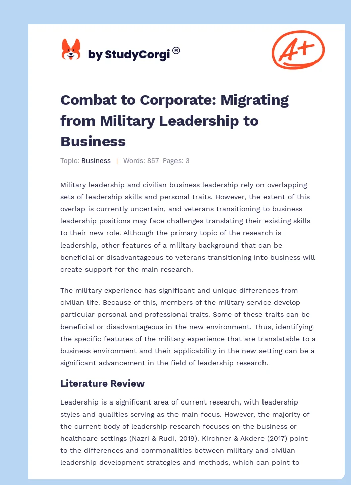 Combat to Corporate: Migrating from Military Leadership to Business. Page 1