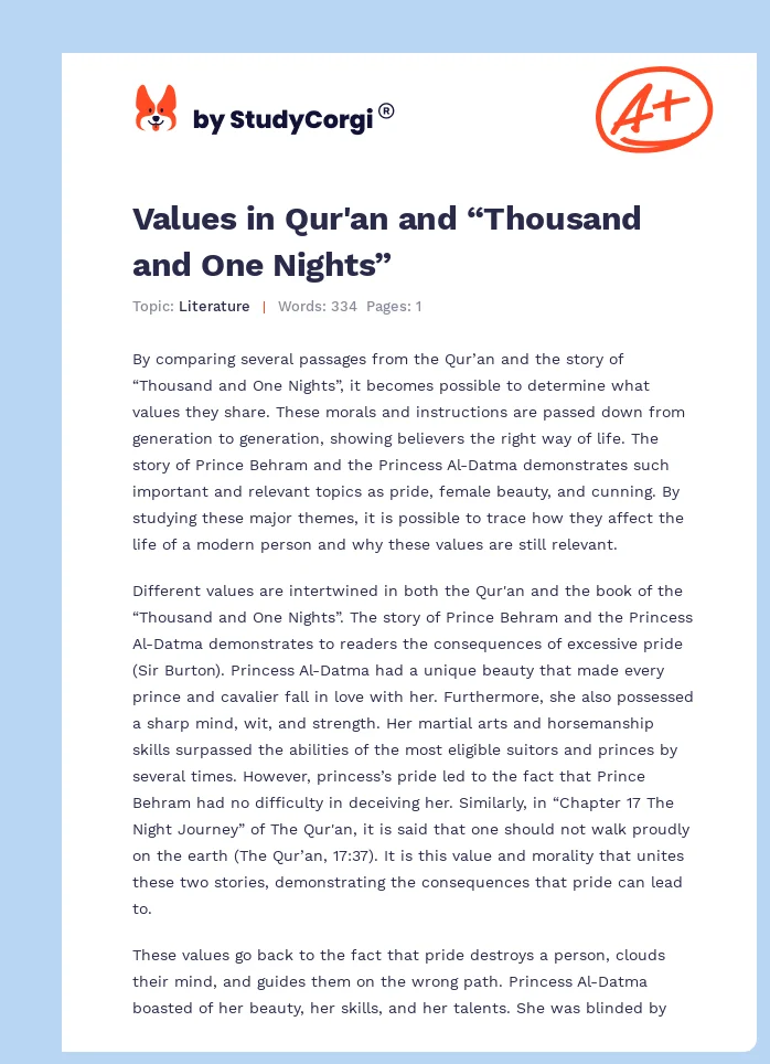 Values in Qur'an and “Thousand and One Nights”. Page 1