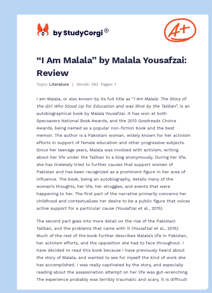 “I Am Malala” by Malala Yousafzai: Review. Page 1