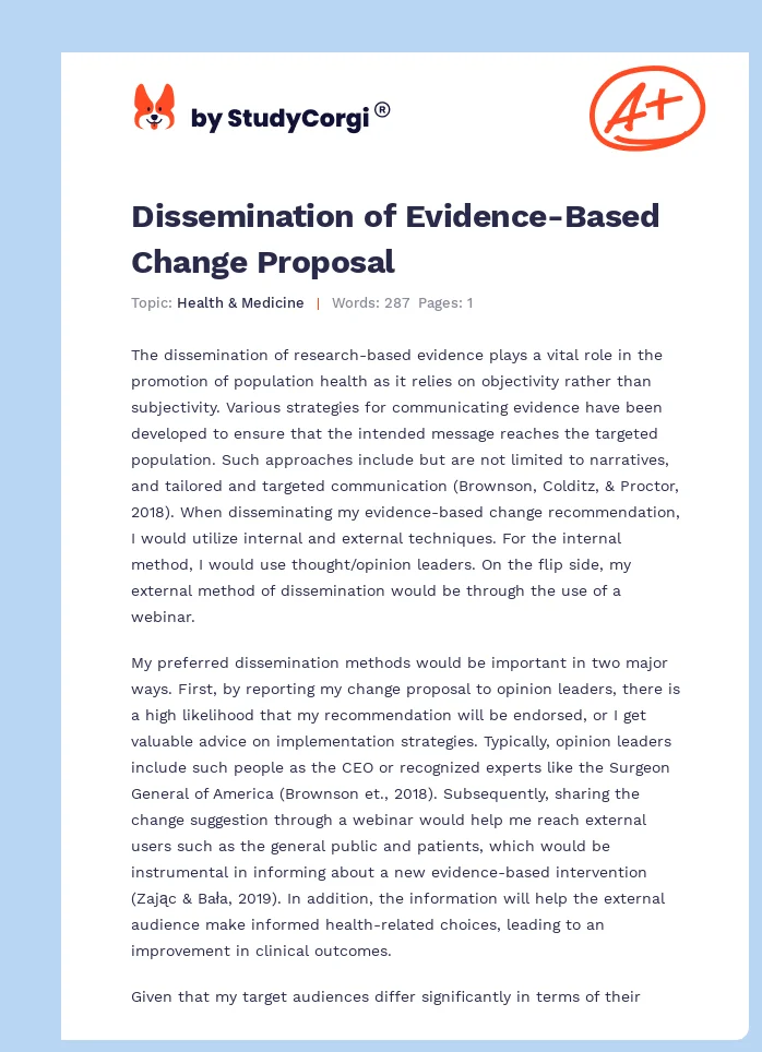 Dissemination of Evidence-Based Change Proposal. Page 1
