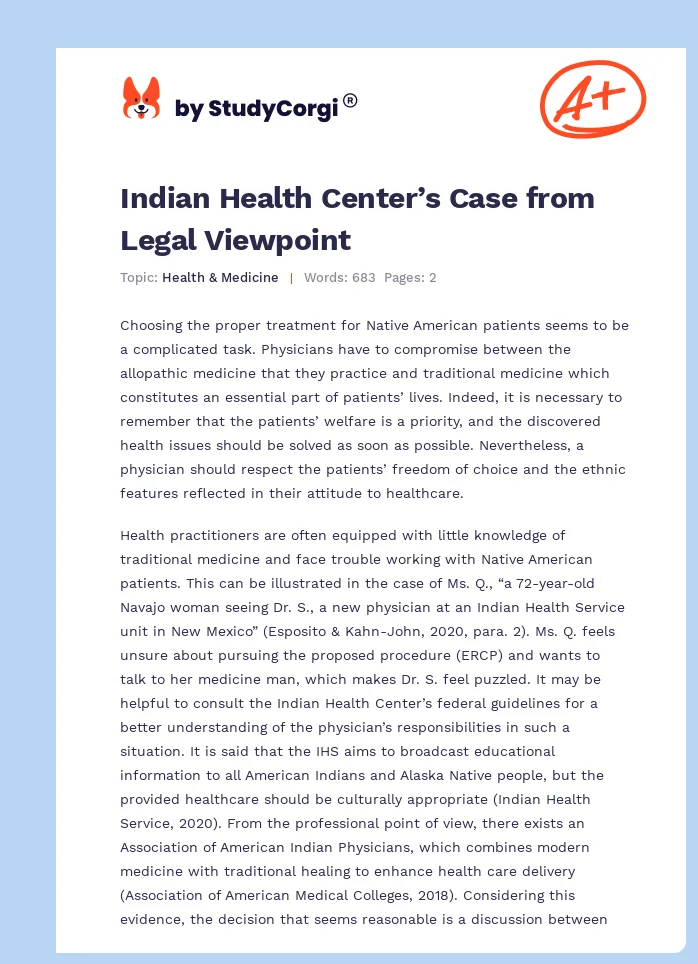 Indian Health Center’s Case from Legal Viewpoint. Page 1
