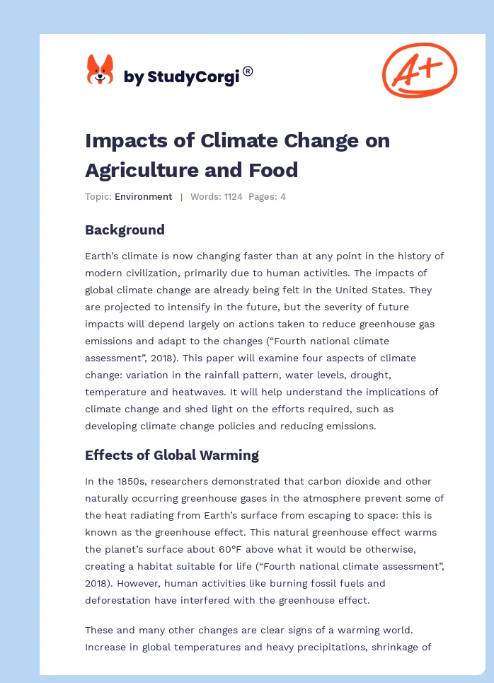 Impacts of Climate Change on Agriculture and Food. Page 1