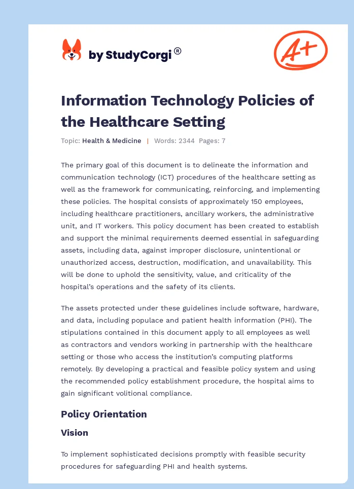Information Technology Policies of the Healthcare Setting. Page 1
