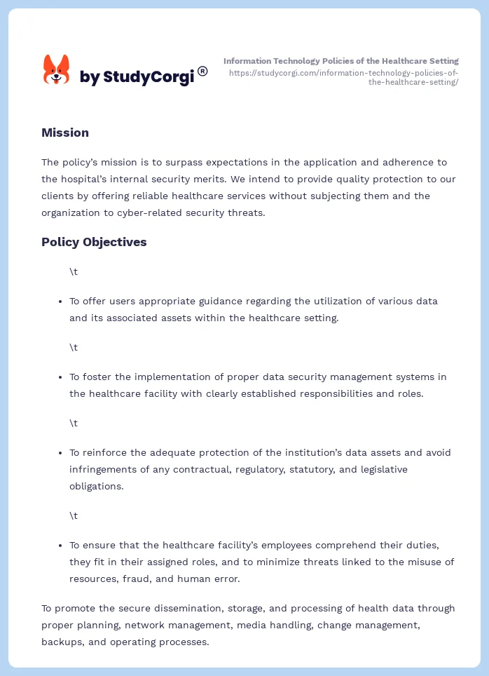 Information Technology Policies of the Healthcare Setting. Page 2