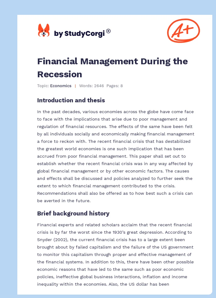 Financial Management During the Recession. Page 1