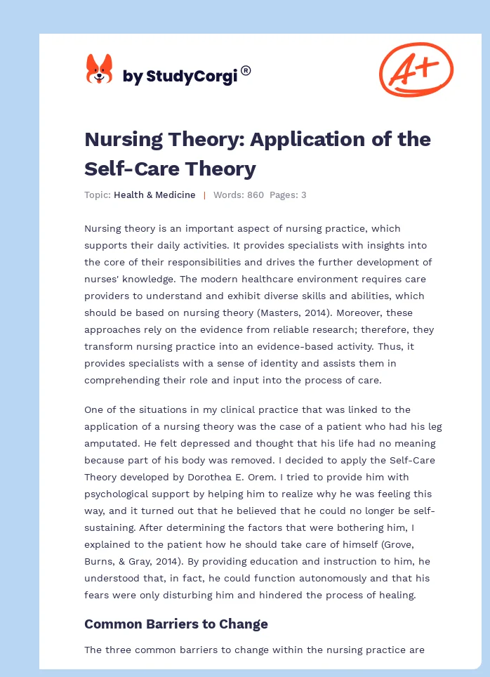 Nursing Theory: Application of the Self-Care Theory. Page 1