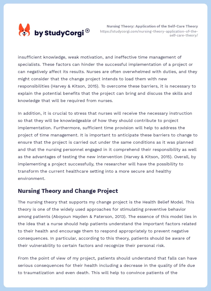 Nursing Theory: Application of the Self-Care Theory. Page 2