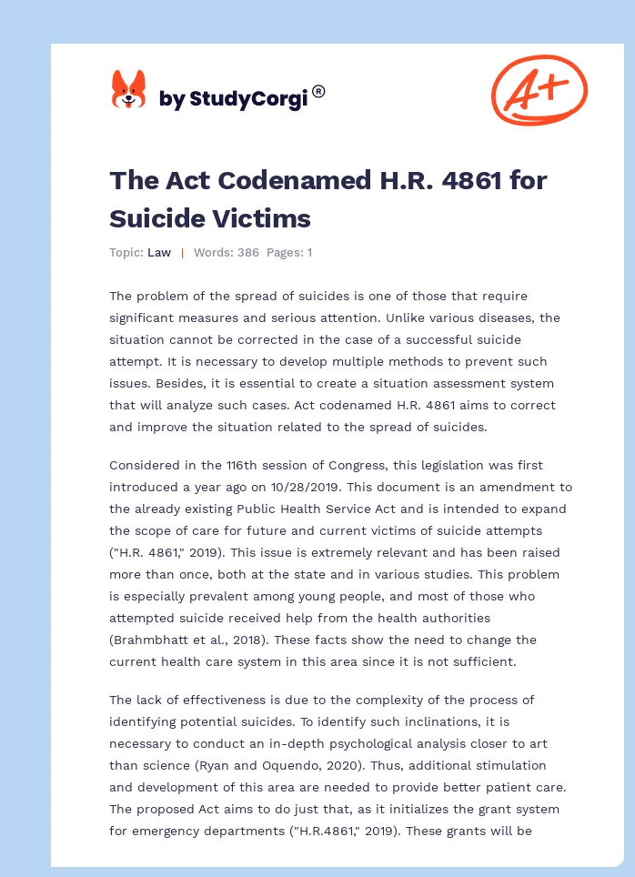 The Act Codenamed H.R. 4861 for Suicide Victims. Page 1