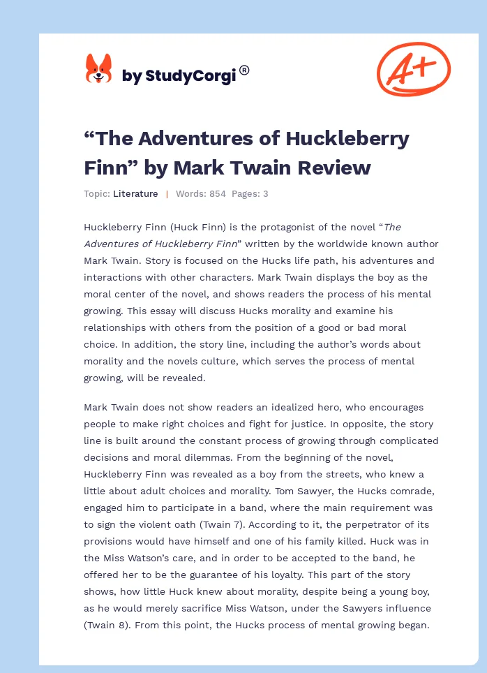 “The Adventures of Huckleberry Finn” by Mark Twain Review. Page 1