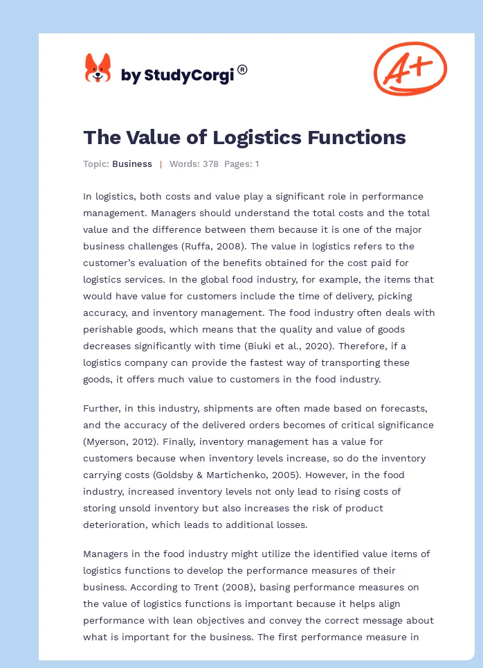 The Value of Logistics Functions. Page 1