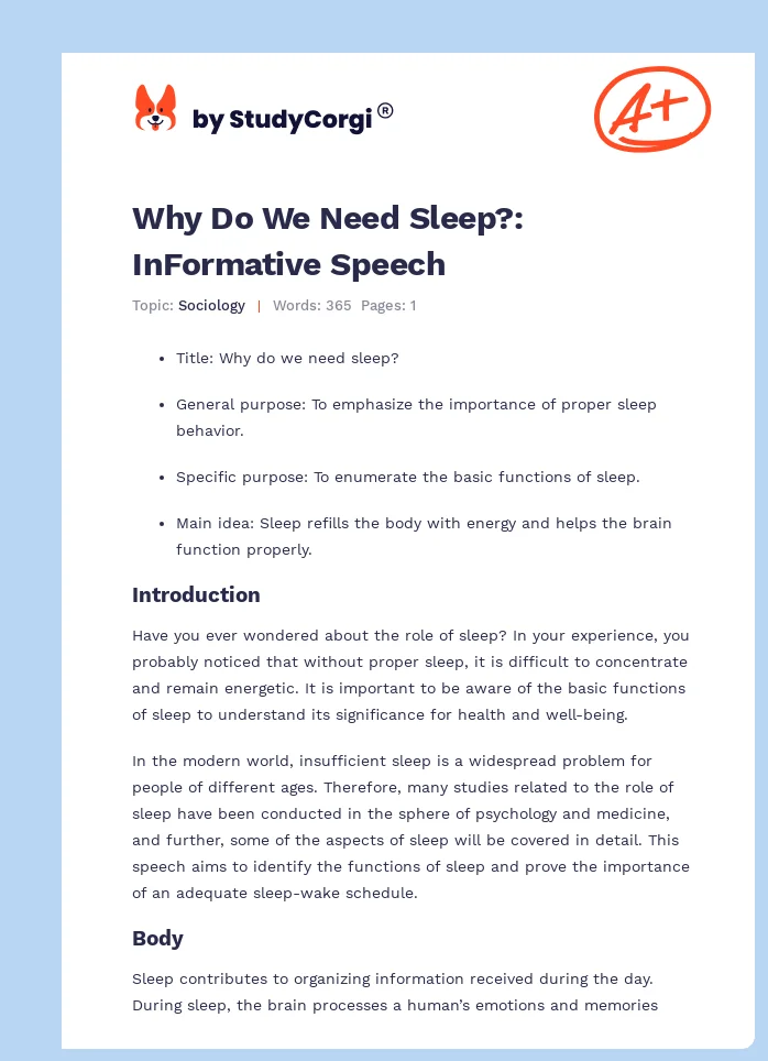 Why Do We Need Sleep?: InFormative Speech. Page 1