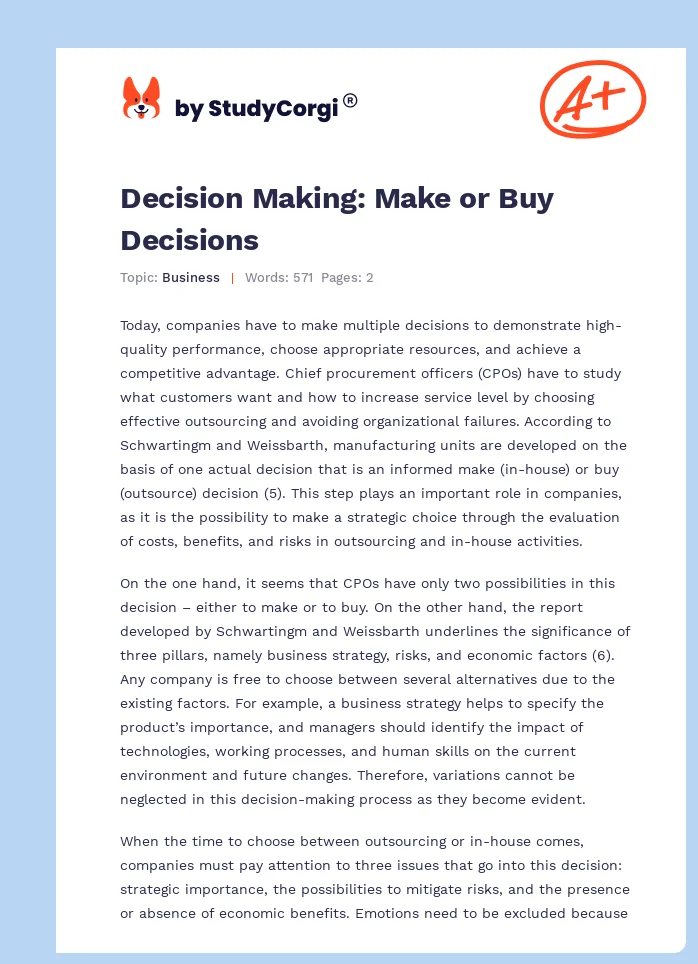 Decision Making: Make or Buy Decisions. Page 1