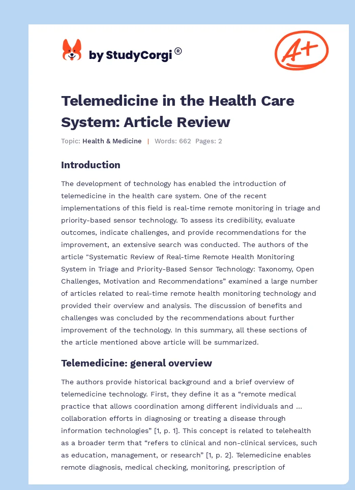 Telemedicine in the Health Care System: Article Review. Page 1