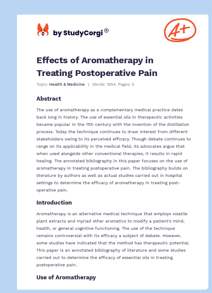 Effects of Aromatherapy in Treating Postoperative Pain. Page 1