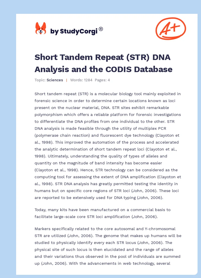 Short Tandem Repeat (STR) DNA Analysis and the CODIS Database. Page 1