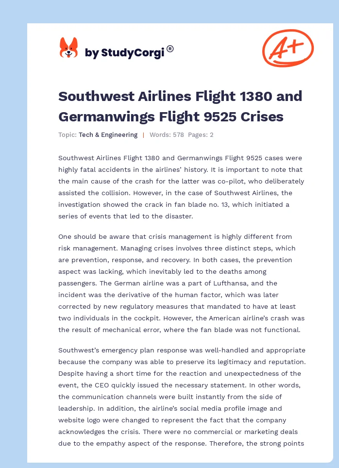Southwest Airlines Flight 1380 and Germanwings Flight 9525 Crises. Page 1