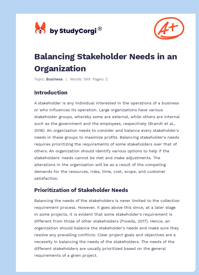 Balancing Stakeholder Needs in an Organization. Page 1