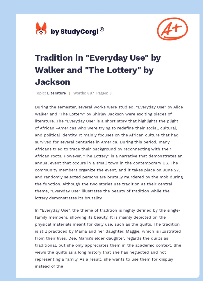 Tradition in "Everyday Use" by Walker and "The Lottery" by Jackson. Page 1