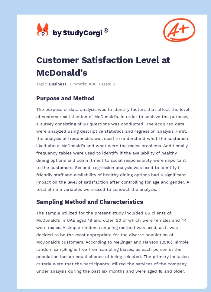 Customer Satisfaction Level at McDonald’s. Page 1