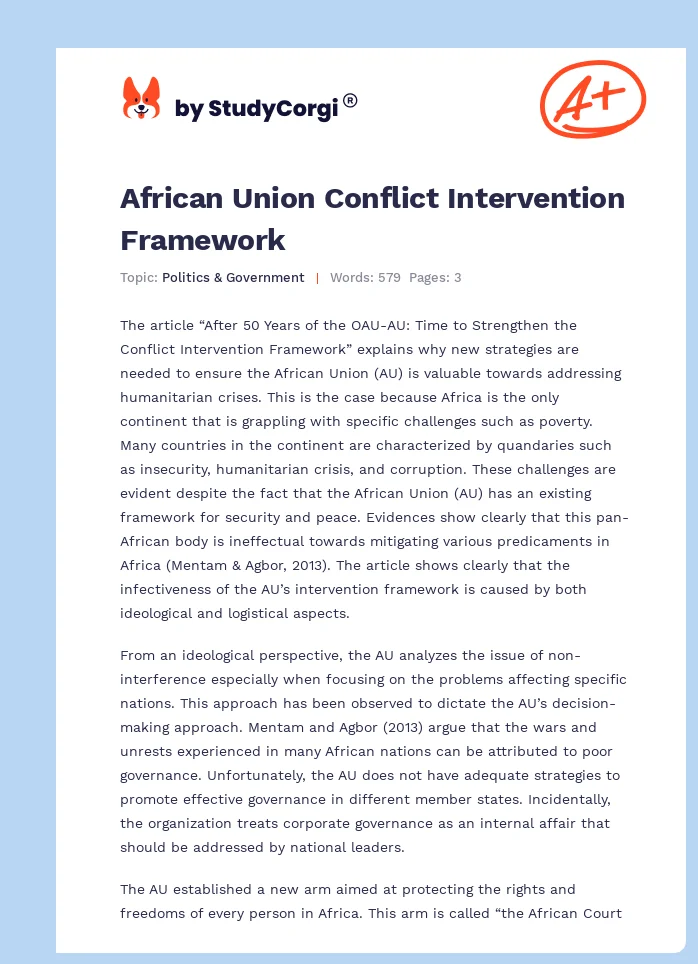 African Union Conflict Intervention Framework. Page 1