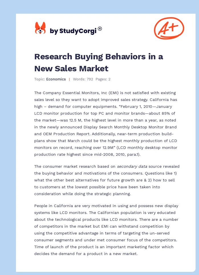 Research Buying Behaviors in a New Sales Market. Page 1