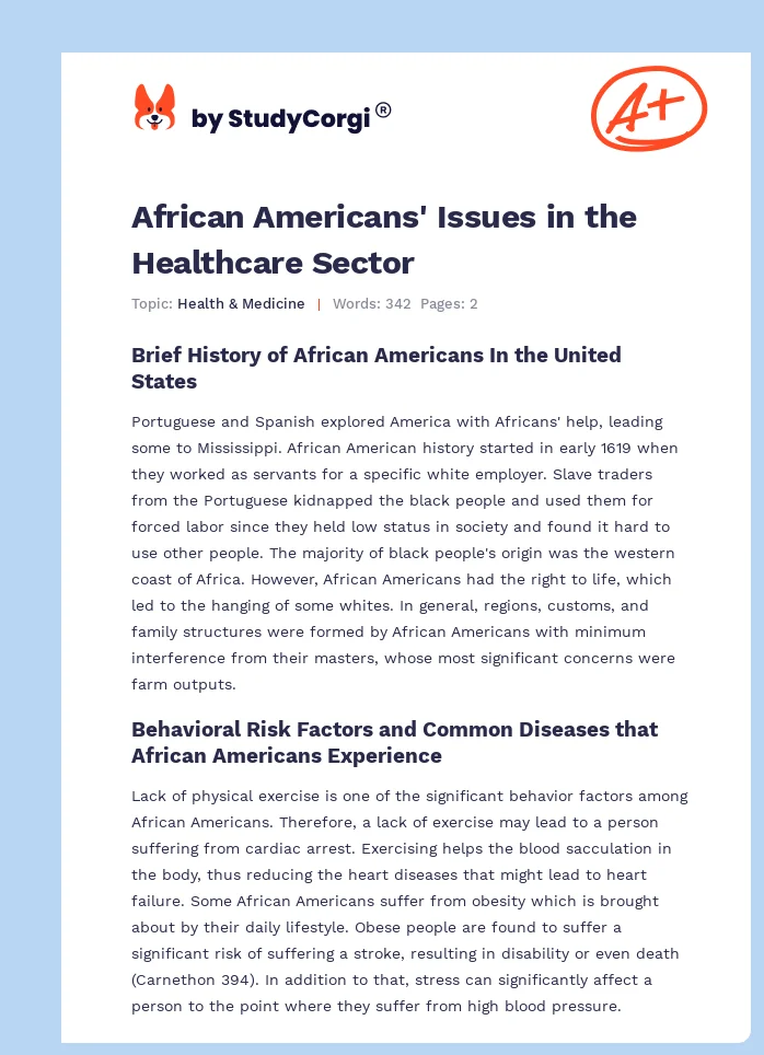 African Americans' Issues in the Healthcare Sector. Page 1
