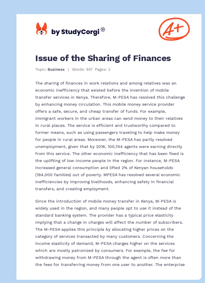 Issue of the Sharing of Finances. Page 1