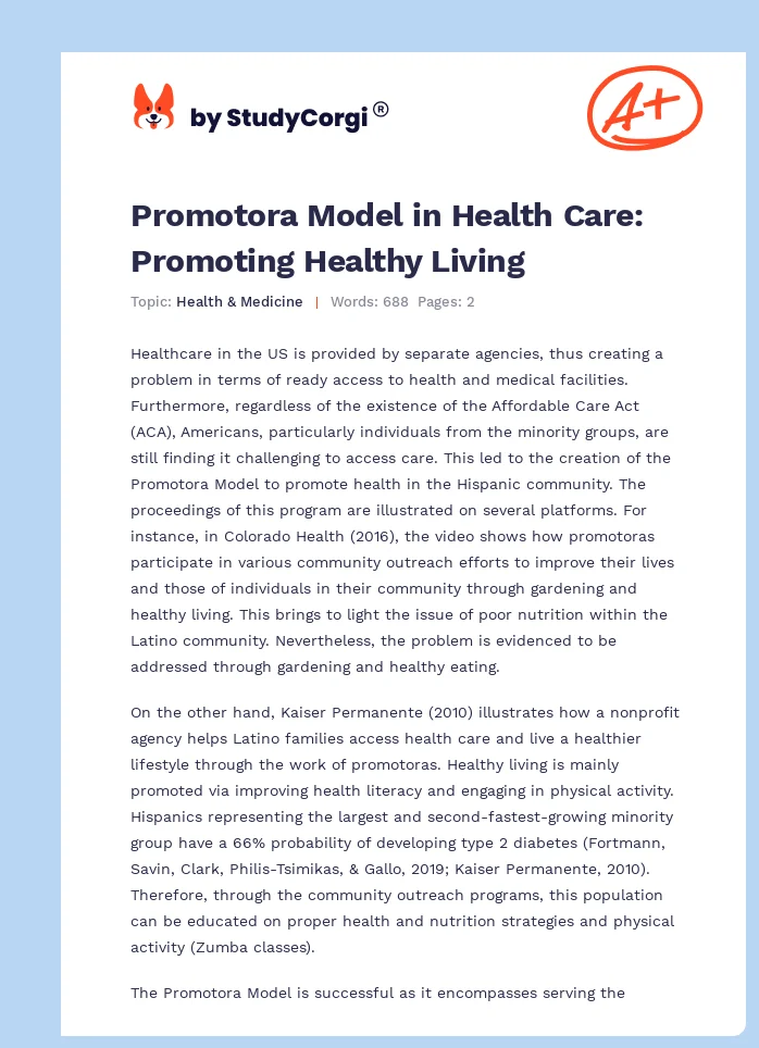 Promotora Model in Health Care: Promoting Healthy Living. Page 1
