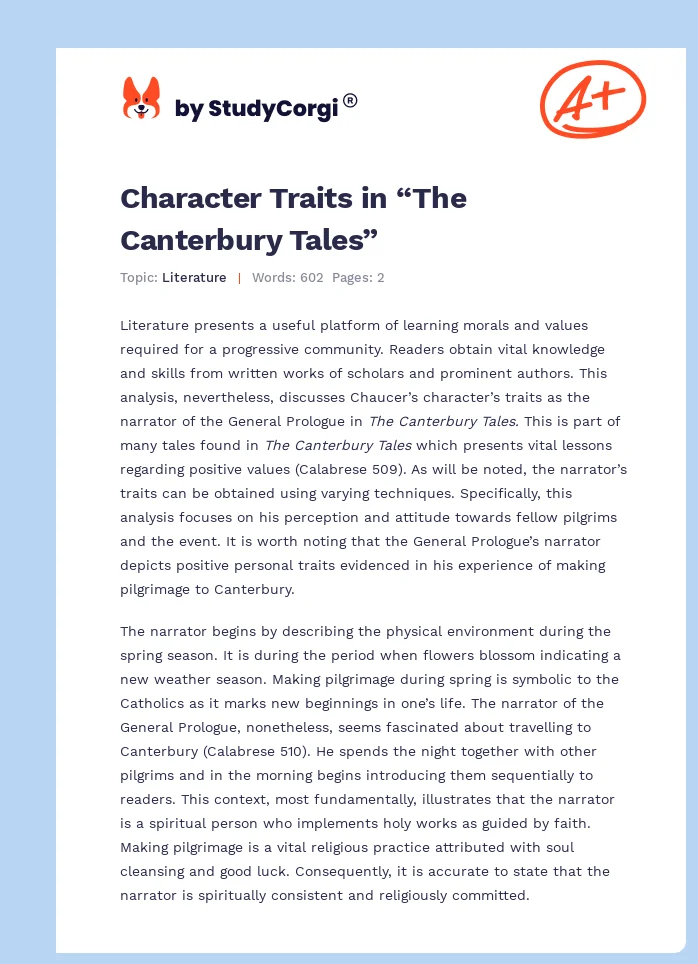 Character Traits in “The Canterbury Tales”. Page 1