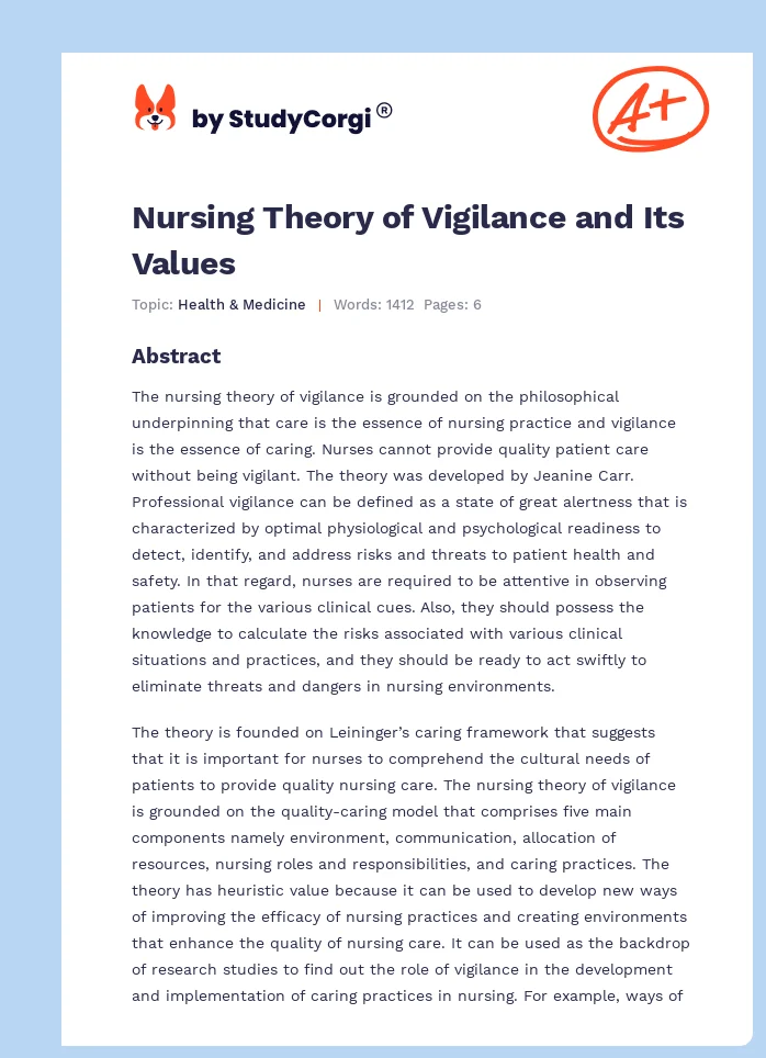 Nursing Theory of Vigilance and Its Values. Page 1
