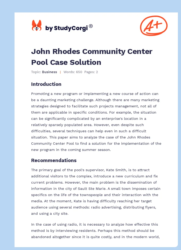 John Rhodes Community Center Pool Case Solution. Page 1