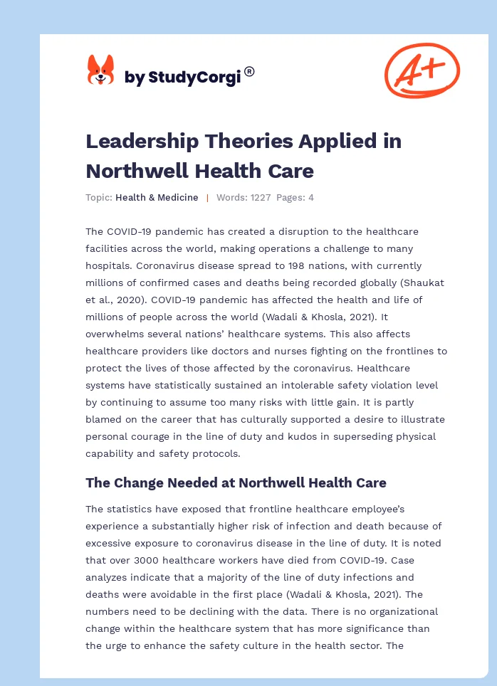 Leadership Theories Applied in Northwell Health Care. Page 1