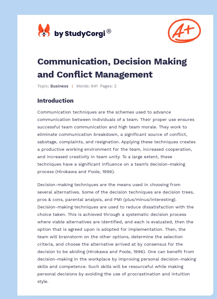 Communication, Decision Making and Conflict Management. Page 1