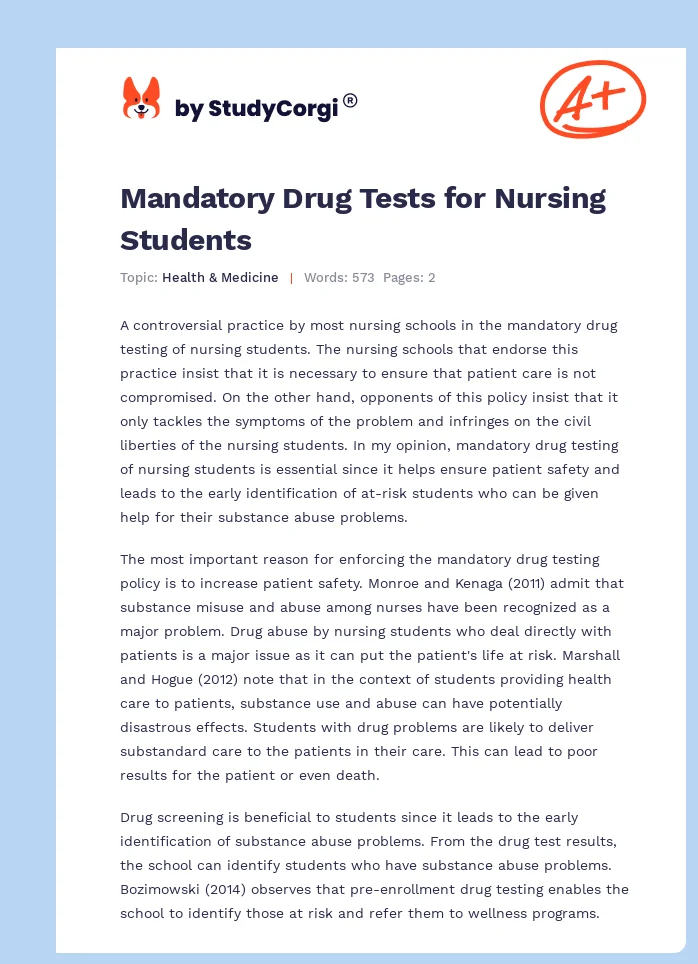 Mandatory Drug Tests for Nursing Students. Page 1