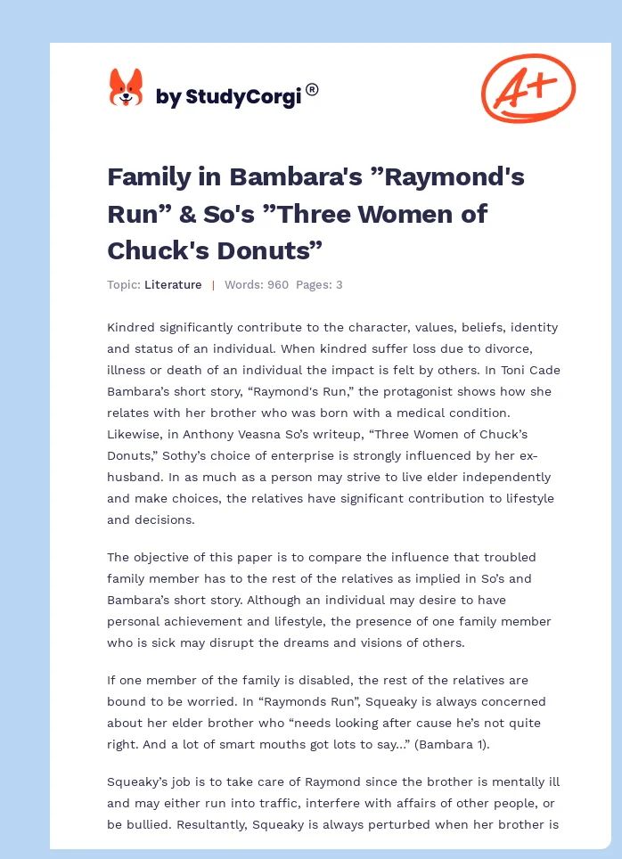 Family in Bambara's ”Raymond's Run” & So's ”Three Women of Chuck's Donuts”. Page 1
