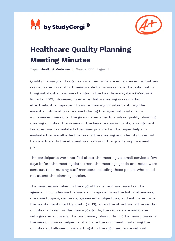 Healthcare Quality Planning Meeting Minutes. Page 1