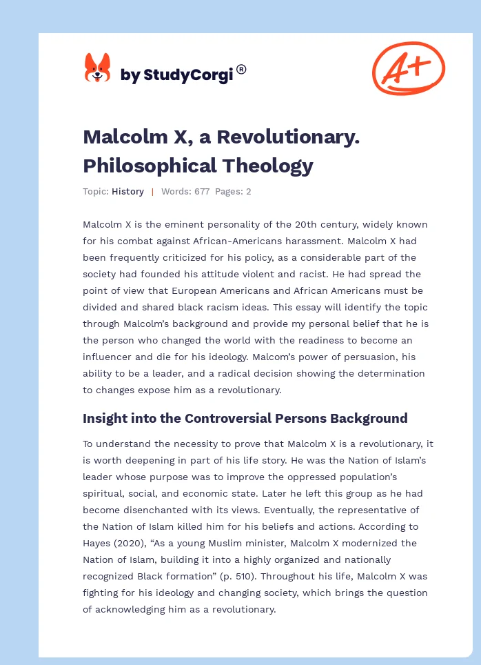 Malcolm X, a Revolutionary. Philosophical Theology. Page 1