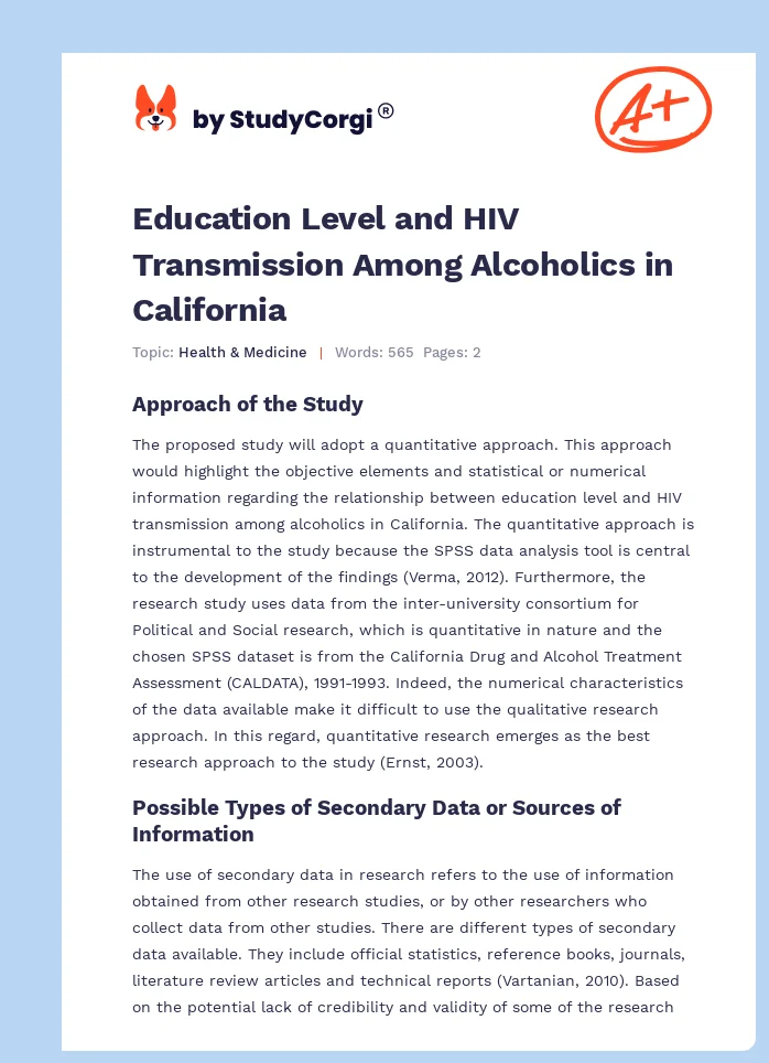 Education Level and HIV Transmission Among Alcoholics in California. Page 1