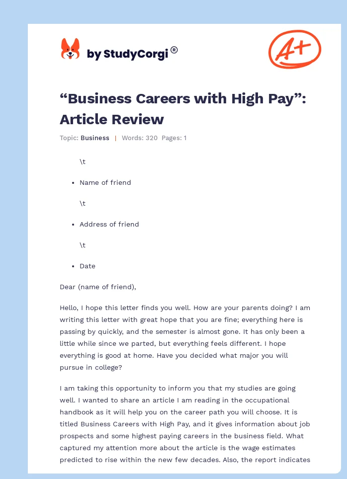 “Business Careers with High Pay”: Article Review. Page 1