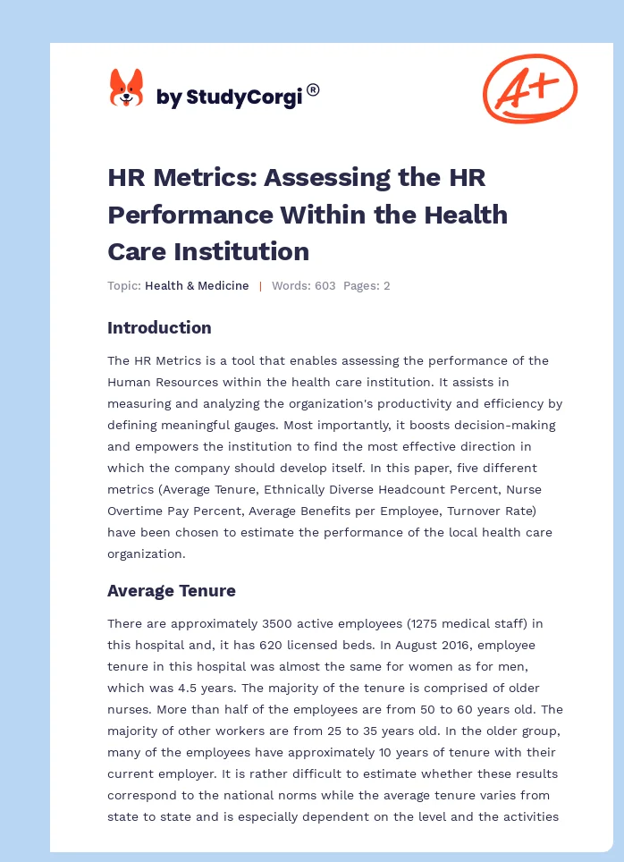 HR Metrics: Assessing the HR Performance Within the Health Care Institution. Page 1