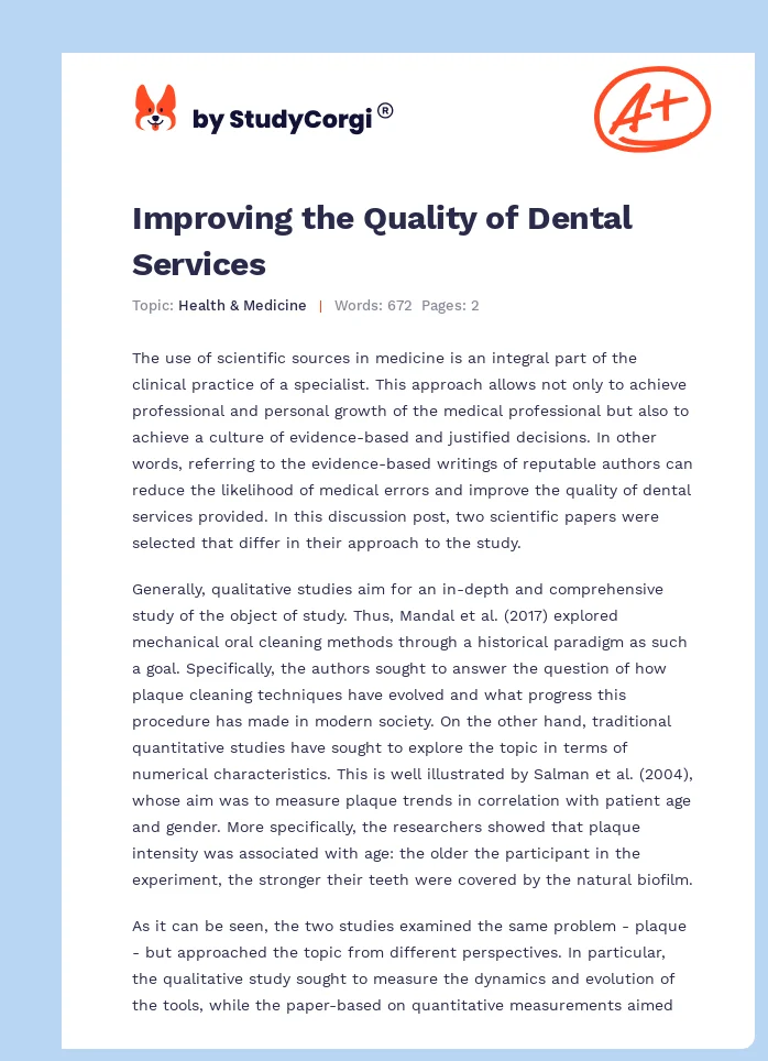 Improving the Quality of Dental Services. Page 1