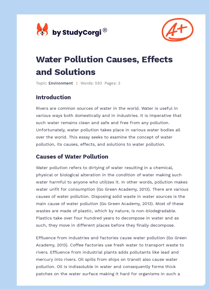 Water Pollution Causes, Effects and Solutions. Page 1
