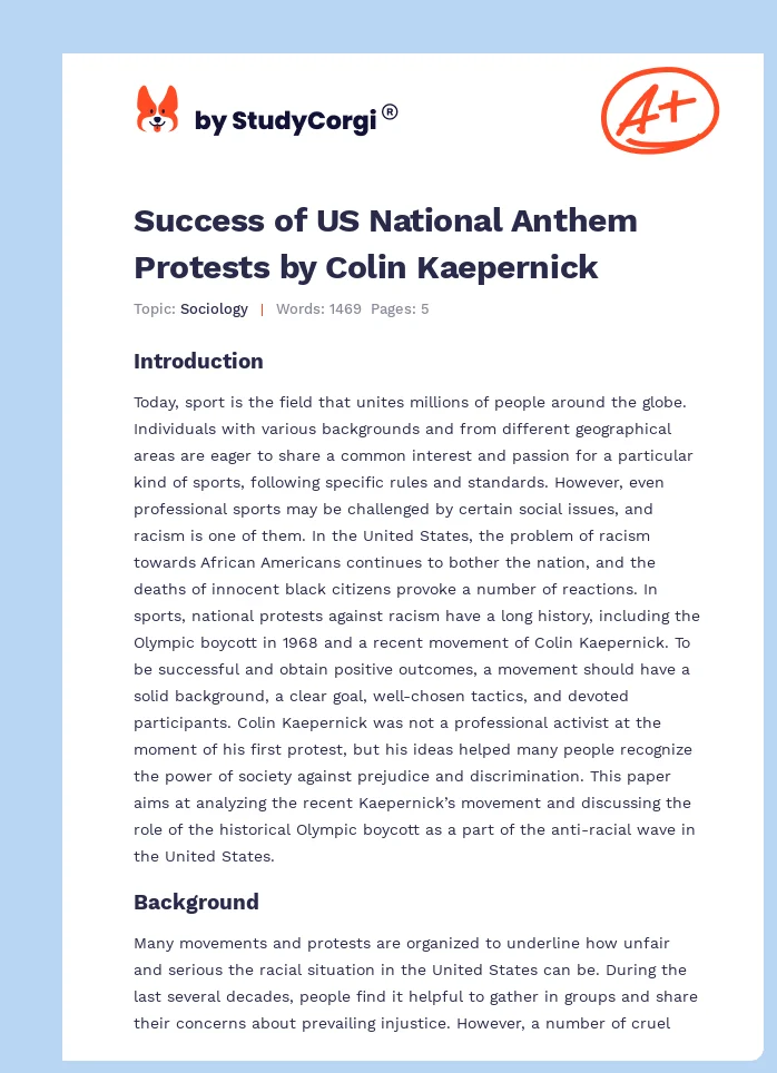 Success of US National Anthem Protests by Colin Kaepernick. Page 1