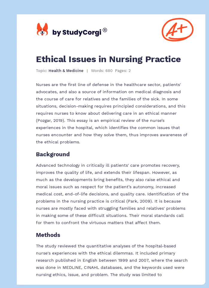 Ethical Issues in Nursing Practice. Page 1