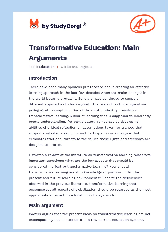 Transformative Education: Main Arguments. Page 1