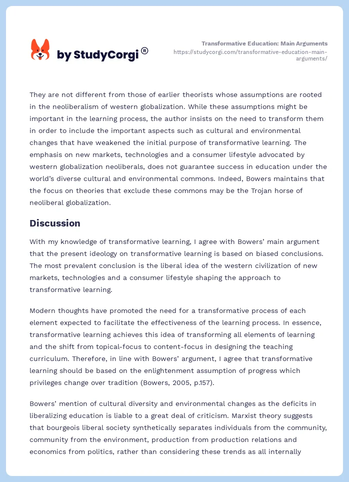 Transformative Education: Main Arguments. Page 2
