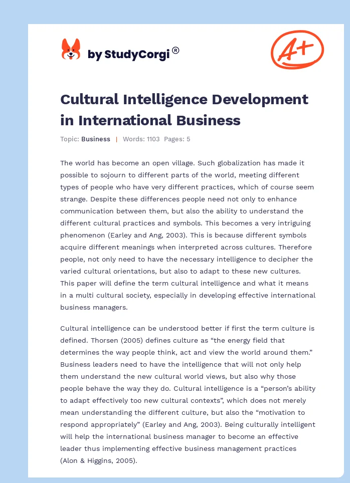 Cultural Intelligence Development in International Business. Page 1