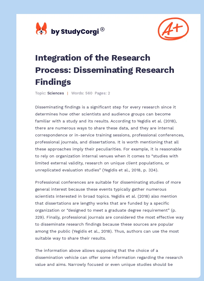 Integration of the Research Process: Disseminating Research Findings. Page 1